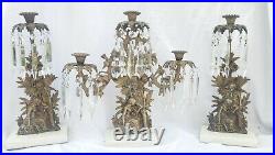 Antique Ornate 3 pc Brass Girandole on Marble Candelabra Candleholders Prisms