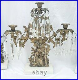 Antique Ornate 3 pc Brass Girandole on Marble Candelabra Candleholders Prisms