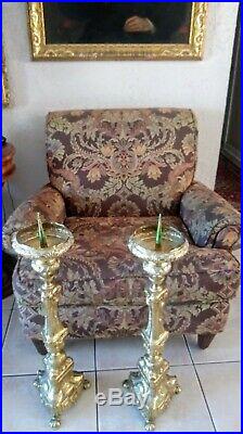 Antique Ornate Brass Cathedral Style Footed Floor Stand Candle Holders 28in H