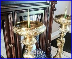 Antique Ornate Brass Cathedral Style Footed Floor Stand Candle Holders 28in H