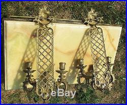 Antique Ornate Brass Pair of Gilt Brass Wall Mount Candelabras Candle Holders