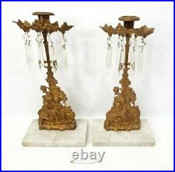 Antique Ornate Bronze Crystal Candelabra Candle Holder Brass Set