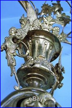 Antique Ornate French Gilt Floral Cherub Brass Altar Candelabra 7 Candle Holders