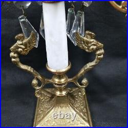 Antique Ornate Girandole Brass Crystal Prism Victorian Candelabra Candle Holder