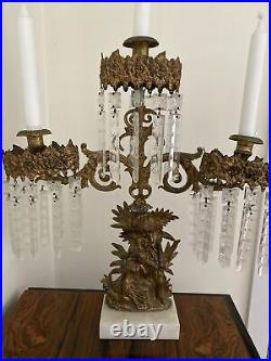 Antique Ornate Girandole Bronze Crystal Candelabra Candle Holder Brass 3 arm