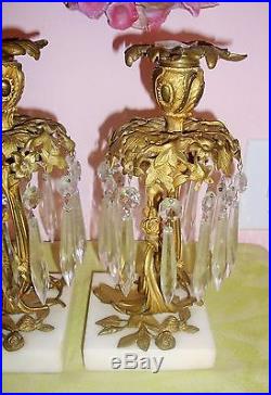 Antique Ornate Roses Floral Brass Chandelier Crystals Marble Candle Holders Pair