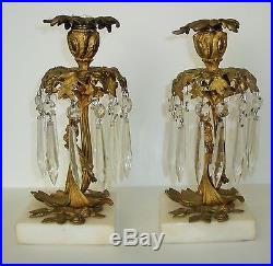 Antique Ornate Roses Floral Brass Chandelier Crystals Marble Candle Holders Pair
