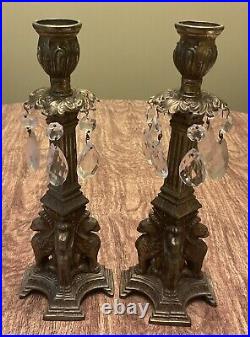 Antique PAIR Bronze Finished 3 Winged GRIFFIN Base Candlesticks 10-1/2