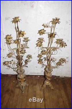 Antique PAIR CANDLESTICKS Bronze Brass Glass Flowers Candelabra
