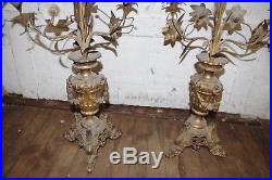 Antique PAIR CANDLESTICKS Bronze Brass Glass Flowers Candelabra