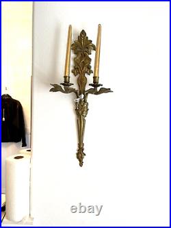 Antique Pair 2 Large Brass Ornate EclectIc Double Candle Holder Wall Sconces 23