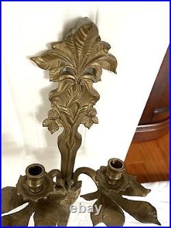Antique Pair 2 Large Brass Ornate EclectIc Double Candle Holder Wall Sconces 23