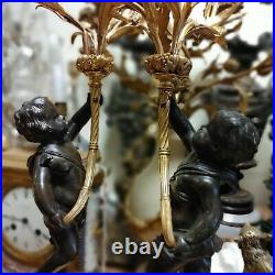 Antique Pair(2) Of Gilt Bronze Cherubs Candlesticks On Marble Base 22,5 Inches