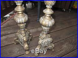 Antique Pair Altar Heavy Candlestick Holders 26 Brass