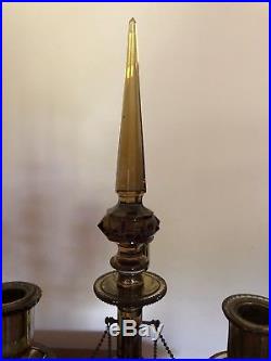 Antique Pair Amber Glass Brass Candelabra Candleholder Lamp Lustres