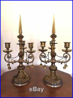 Antique Pair Amber Glass Brass Candelabra Candleholder Lamp Lustres