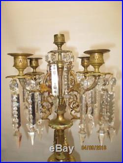 Antique Pair Brass 23 Luster Candelabra Candle Holders With Crystal Spears Fine
