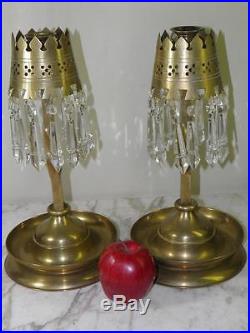 Antique Pair Brass Candlesticks Candle Holders Crystal Prisms Gothic Arts&crafts