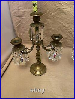 Antique Pair Brass & Crystal Candle Holder Candelabra 36 Prisms Tear Drop