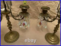 Antique Pair Brass & Crystal Candle Holder Candelabra 36 Prisms Tear Drop