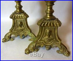 Antique Pair Brass Religious Candle Holders JESUS MARY JOSEPH Church Catholic