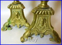 Antique Pair Brass Religious Candle Holders JESUS MARY JOSEPH Church Catholic