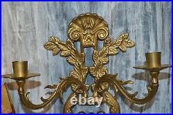 Antique Pair Brass Two Arm Candle Sconces Holders Wall Mount Shell Leaf Motif