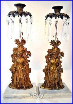 Antique Pair Candelabra Girandole Candle Holder Crystal Prisms Victorian Lady