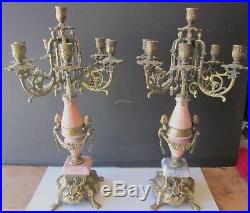 Antique Pair Heavy Solid Brass & Marble Candelabras 6 Arm 7 Candle Holder
