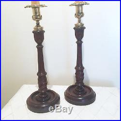 Antique Pair Mahogany Candle Holders with Detailed Brass Fittings, Ca 1800