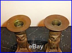 Antique Pair Of Brass Owl Handled Candlesticks Candle Holders