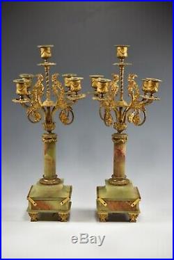 Antique Pair Of French Brass Or Gilted 5 Arm Candelabra On Green Onyx Base