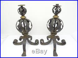 Antique Pair Old Wrought Iron Decorative Brass Finial Round Candle Holders