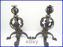 Antique Pair Old Wrought Iron Decorative Brass Finial Round Candle Holders