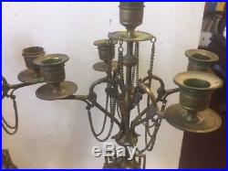 Antique Pair Solid Brass Candle stick Holders Candelabra 4 arm, 5 candles chain
