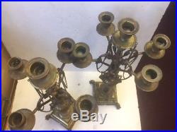 Antique Pair Solid Brass Candle stick Holders Candelabra 4 arm, 5 candles chain