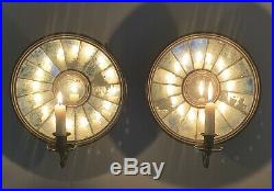 Antique Pair Tin Mirrored Candle Holder Wall Sconces Brass Holders Detailed Band