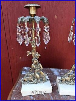 Antique Pair Victorian Girandole Crystal Brass Marble Base Candle Holder 13