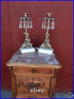 Antique Pair Victorian Girandole Crystal Brass Marble Base Candle Holder 13