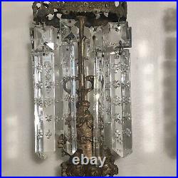Antique Pair Victorian Girandole Crystal Brass Marble Base Candle Holder 18