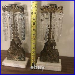 Antique Pair Victorian Girandole Crystal Brass Marble Base Candle Holder 18