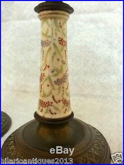 Antique Pair french Oriental Persian Brass and Porcelain Candlestick Candle
