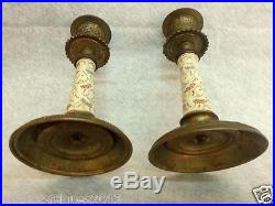 Antique Pair french Oriental Persian Brass and Porcelain Candlestick Candle