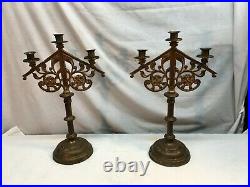 Antique Pair of Brass 3 Arm Decorative Candelabra 18.5in Tall Floral Designs