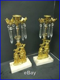Antique Pair of Brass Candlestick Holder with Prisms and Marble Base