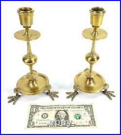 Antique Pair of Brass Candlesticks with Bird Foot Design on Base