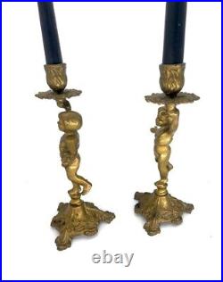 Antique Pair of Brass Cherub Candlestick Candelabra