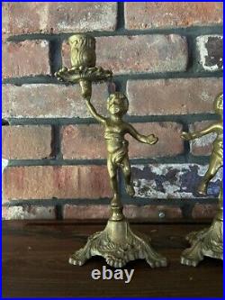 Antique Pair of Brass Cherub Candlestick Candelabra