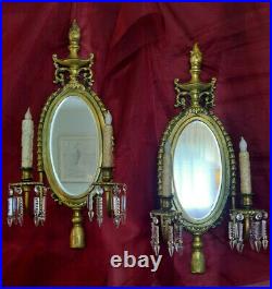 Antique Pair of Brass Crystal & Mirrored Candle Holder Wall Sconces 1940-50's