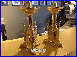 Antique Pair of Brass Gothic Cathedral Church Paschal Altar Candlesticks 11